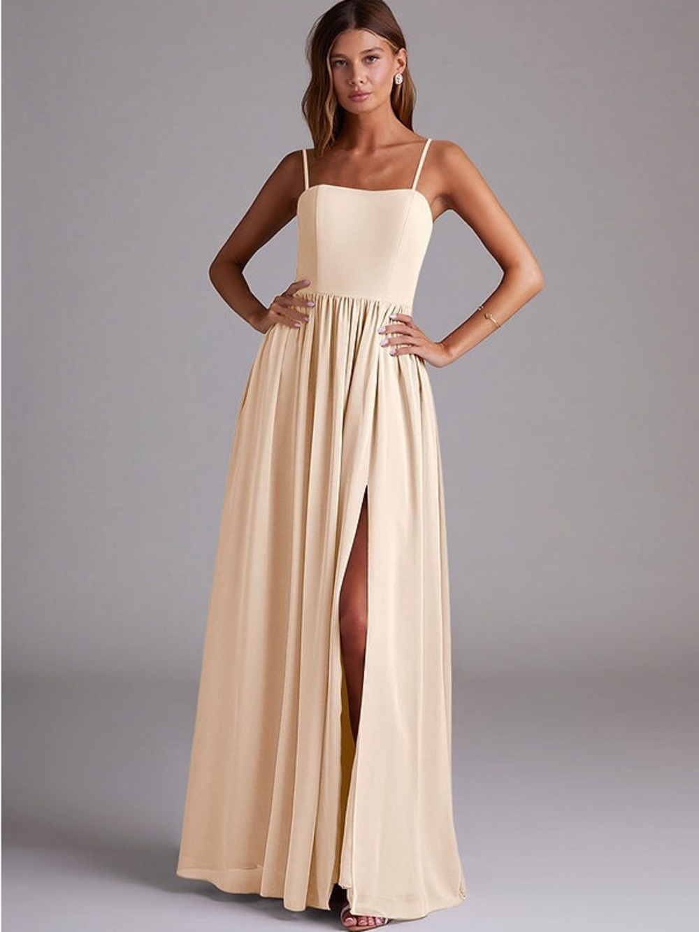 Azazie Calianna White Alabaster Spaghetti Strap Maxi Dress with Thigh Slit